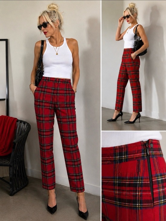 Talbots Pants - Talbots Red Plaid Straight-Leg Women's Pants